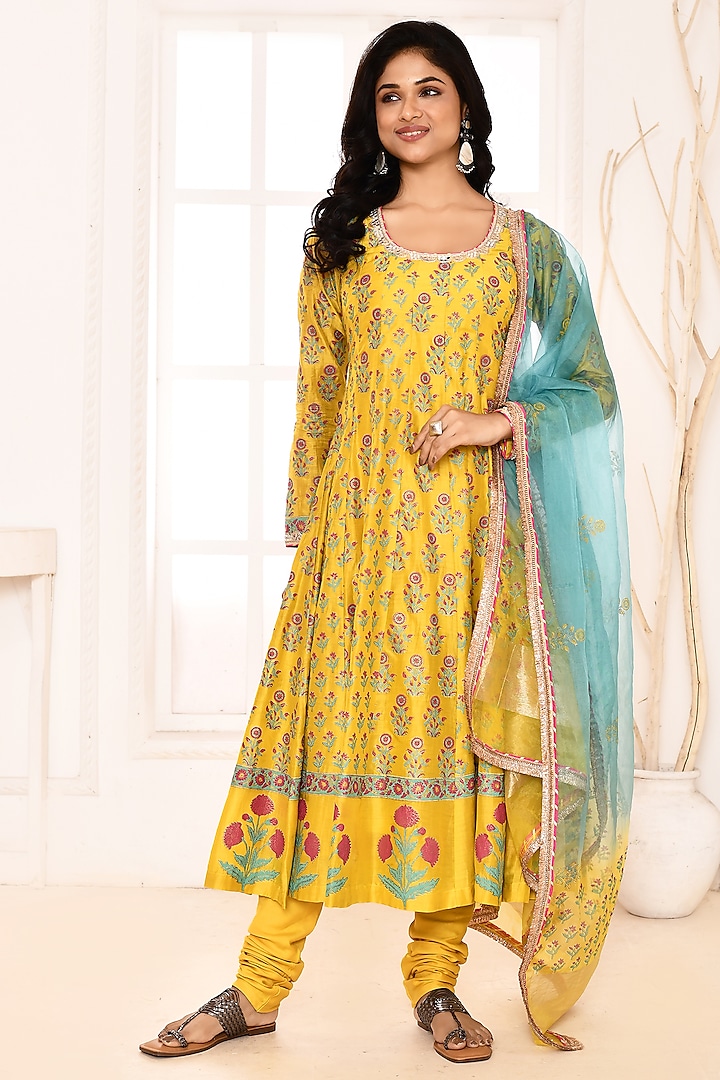 Golden Yellow Cotton Silk Block Printed Anarkali Set by Abbaran at Pernia's Pop Up Shop