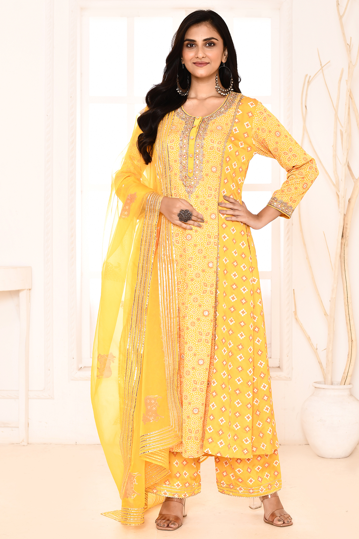Yellow Silk Block Printed & Embroidered A-Line Kurta Set by Abbaran at Pernia's Pop Up Shop