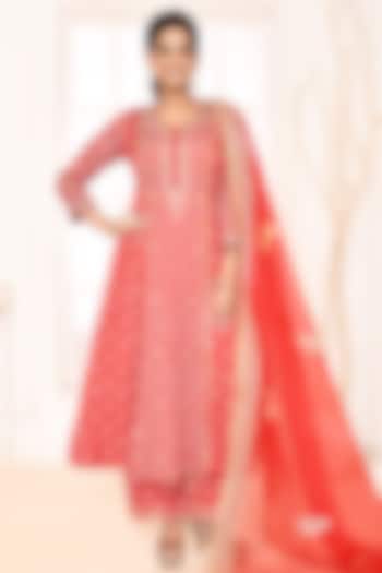 Red Silk Block Printed & Embroidered A-Line Kurta Set by Abbaran at Pernia's Pop Up Shop