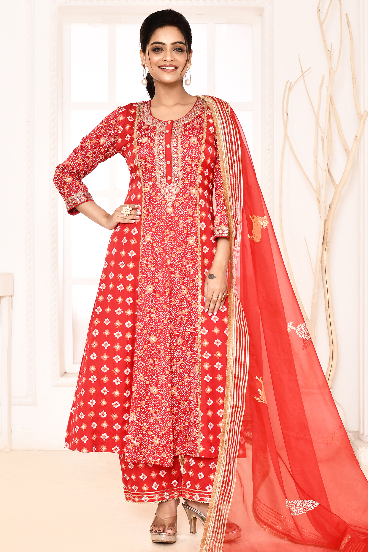 Red Silk Block Printed & Embroidered A-Line Kurta Set by Abbaran at Pernia's Pop Up Shop