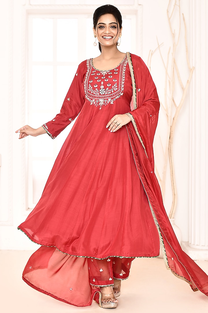 Red Cotton Silk Hand Embroidered Anarkali Set by Abbaran at Pernia's Pop Up Shop