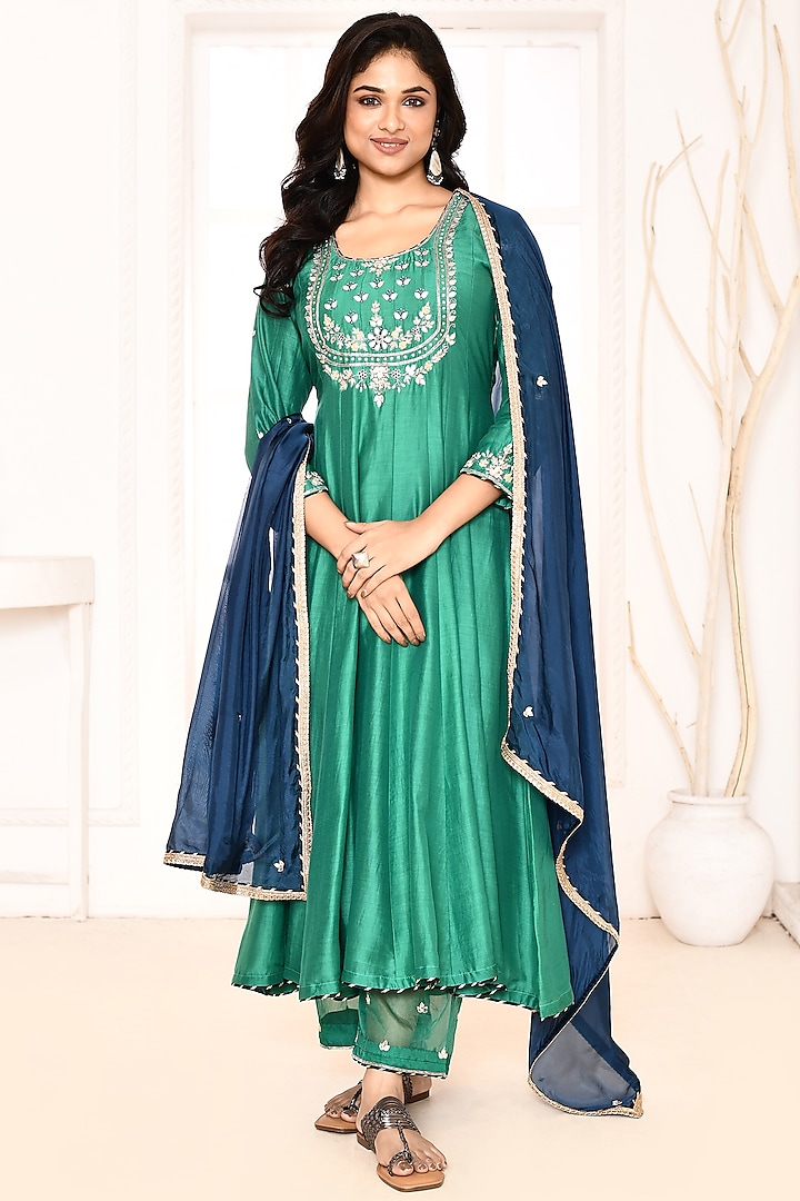 Green Cotton Silk Hand Embroidered Anarkali Set by Abbaran at Pernia's Pop Up Shop