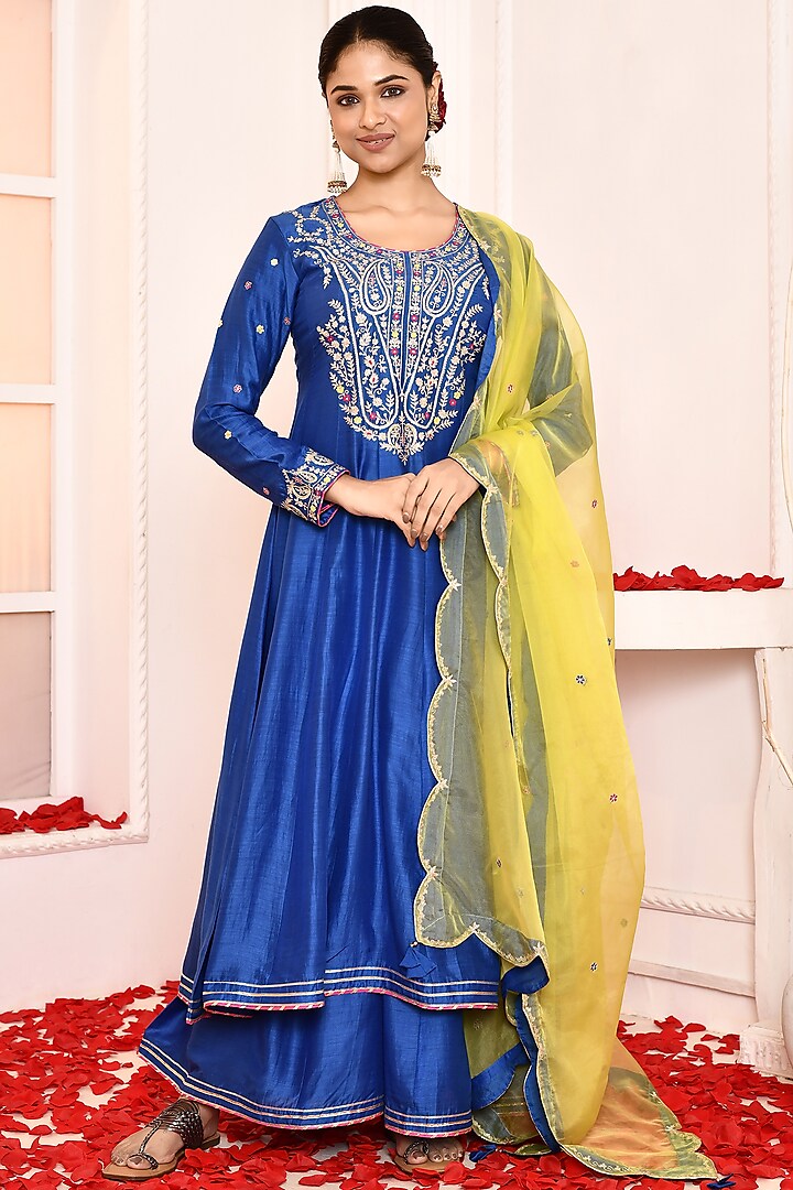 Blue Cotton Silk Aari Embroidered Anarkali Set by Abbaran at Pernia's Pop Up Shop