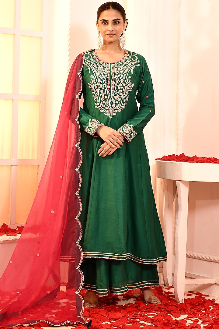 Emerald Green Cotton Silk Aari Embroidered Anarkali Set by Abbaran at Pernia's Pop Up Shop