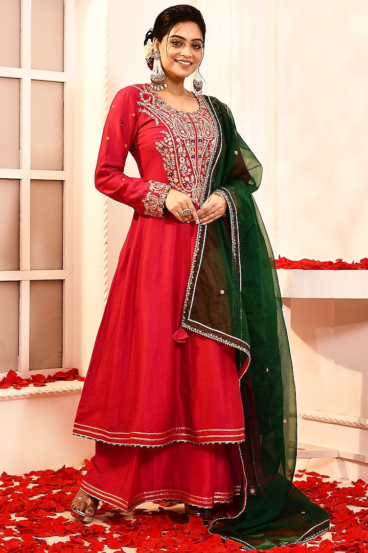 Rani Pink Cotton Silk Aari Embroidered Anarkali Set by Abbaran at Pernia's Pop Up Shop