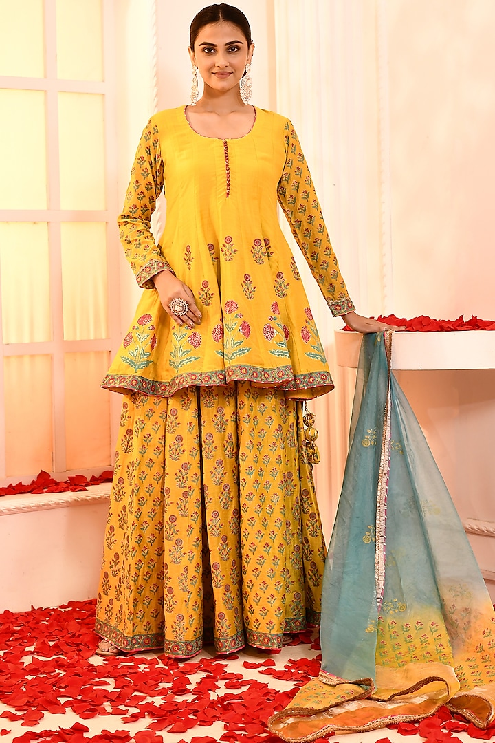 Golden Yellow Cotton Silk Block Printed Sharara Set by Abbaran at Pernia's Pop Up Shop