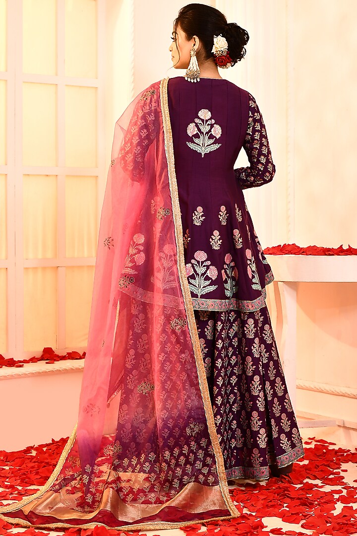 Purple Cotton Silk Block Printed Party Wear Sharara Set by Abbaran at Pernia's Pop Up Shop