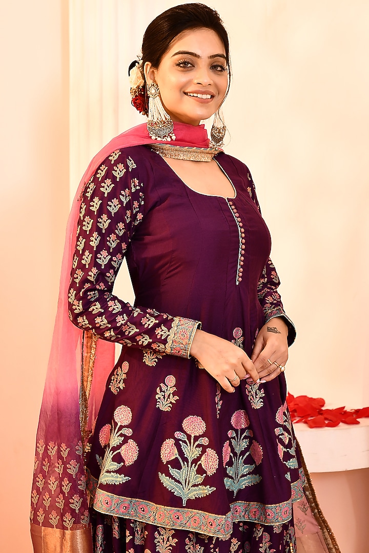 Purple Cotton Silk Block Printed Party Wear Sharara Set by Abbaran at Pernia's Pop Up Shop