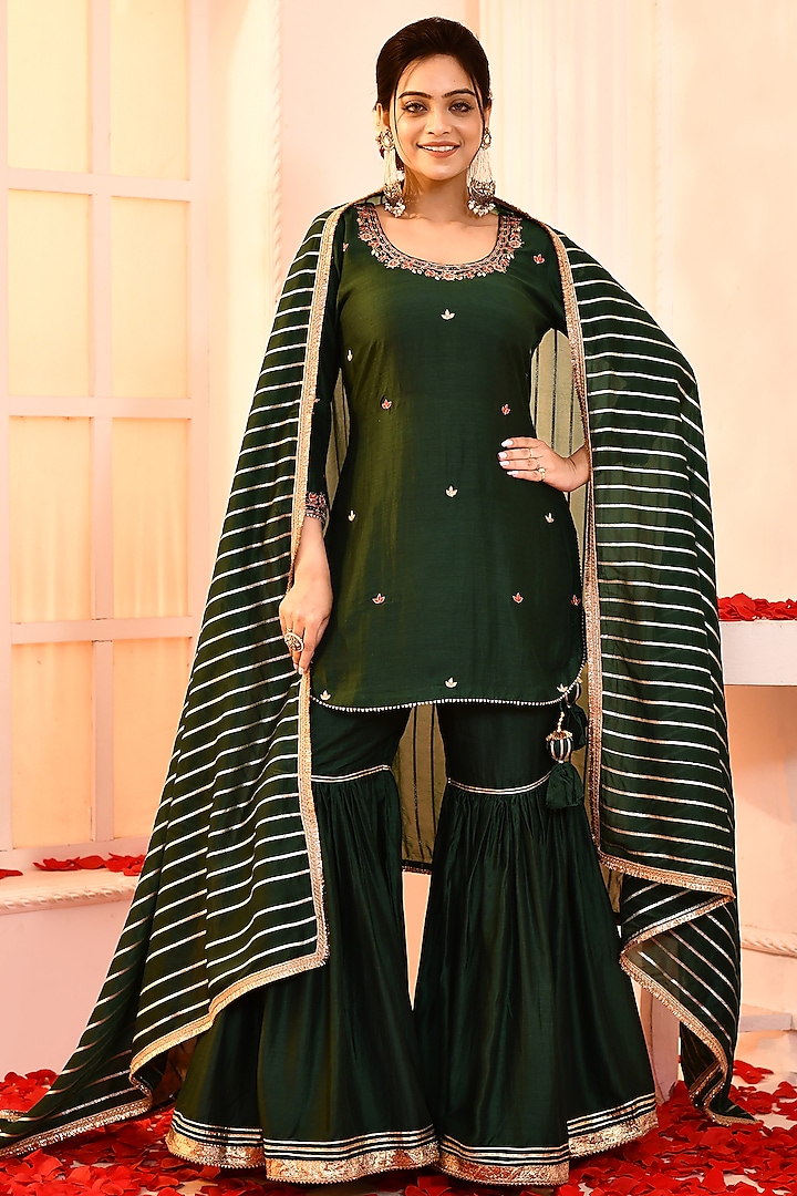 Emerald Green Cotton Silk Gharara Set by Abbaran at Pernia's Pop Up Shop