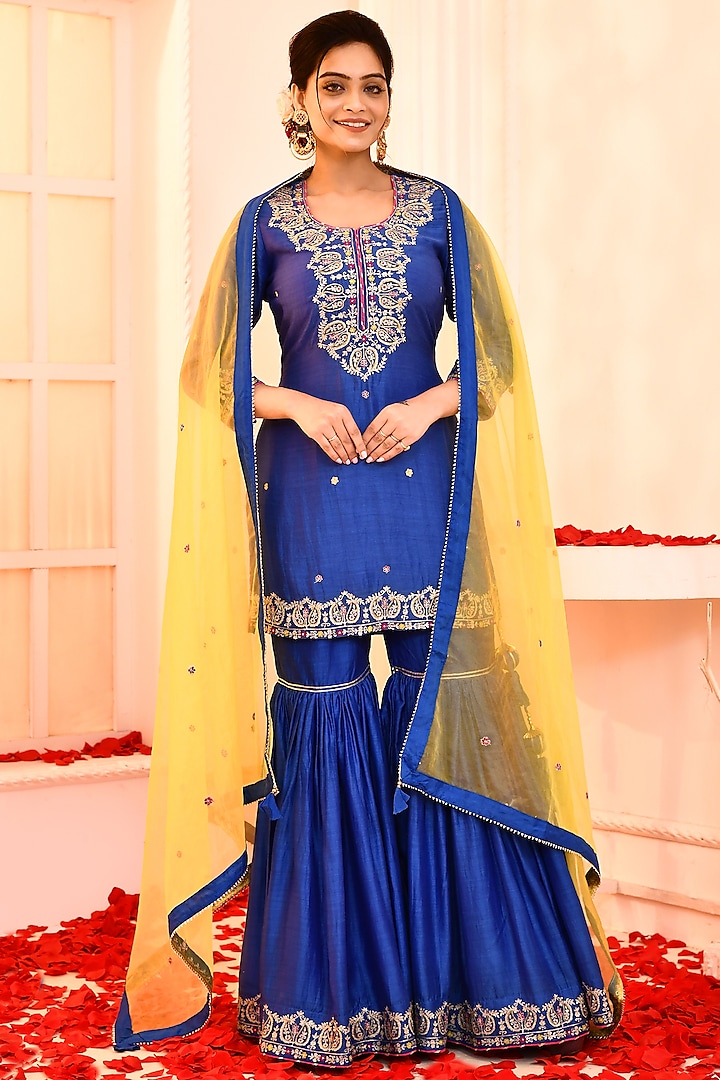 Blue Cotton Silk Gharara Set by Abbaran at Pernia's Pop Up Shop