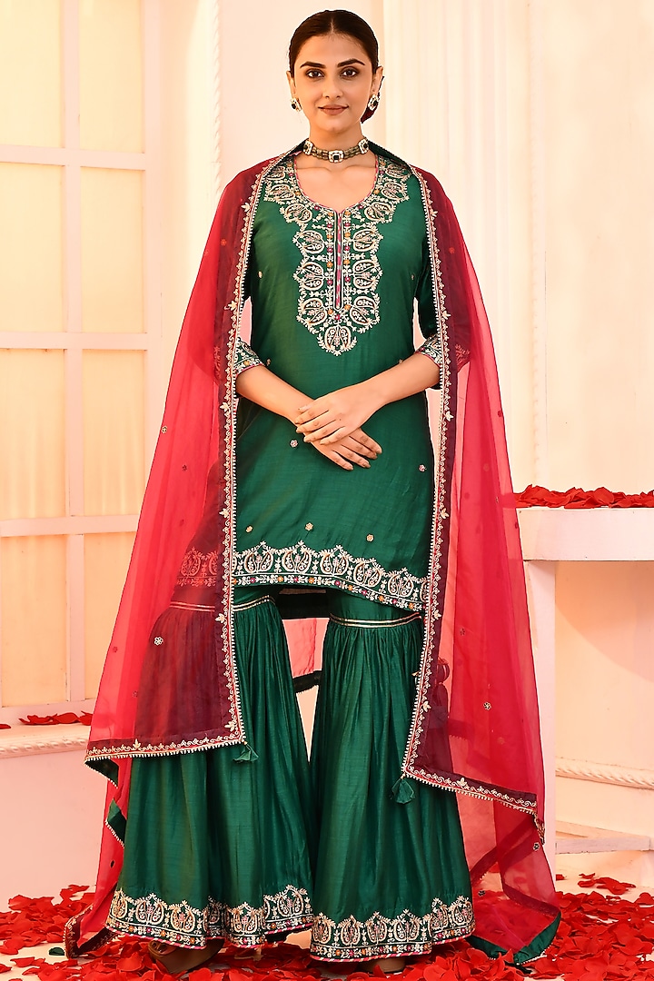 Emerald Green Cotton Silk Gharara Set by Abbaran at Pernia's Pop Up Shop