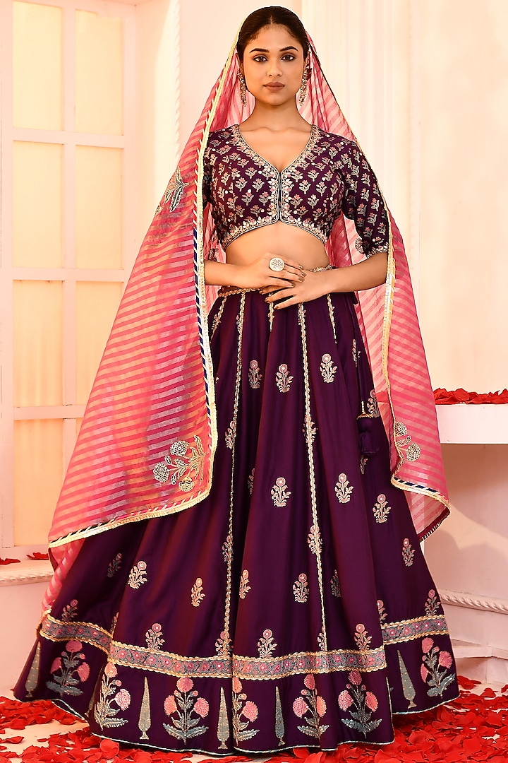 Purple Cotton Silk Foil Printed Lehenga Set by Abbaran