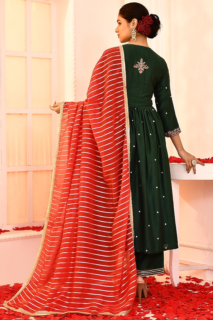 Emerald Green Cotton Silk Hand Embroidered Angrakha Kurta Set by Abbaran at Pernia's Pop Up Shop