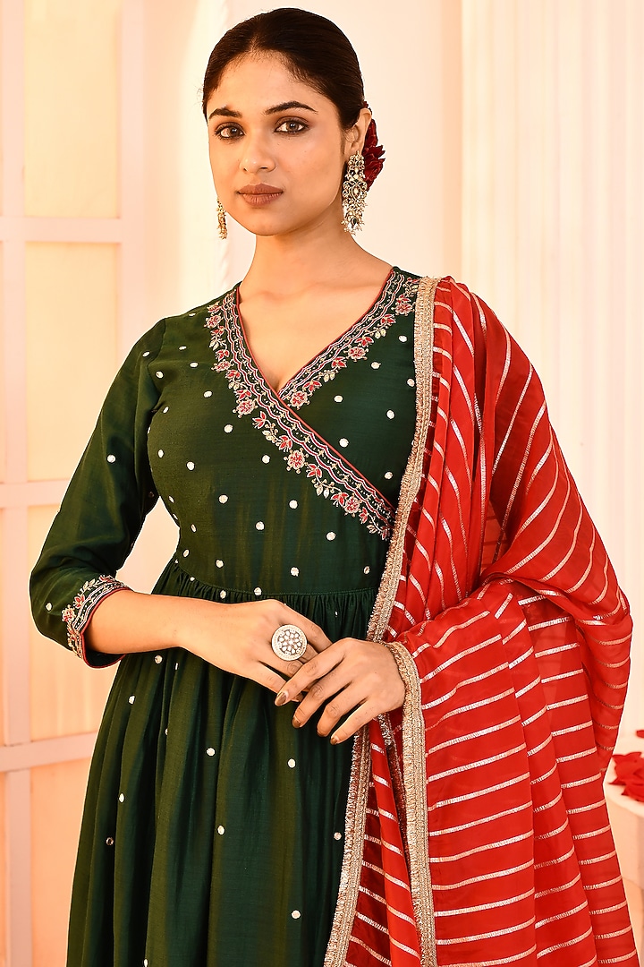 Emerald Green Cotton Silk Hand Embroidered Angrakha Kurta Set by Abbaran at Pernia's Pop Up Shop