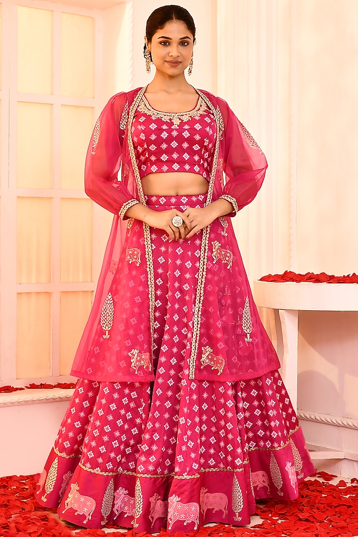 Magenta Silk Foil Printed Jacket Lehenga Set by Abbaran