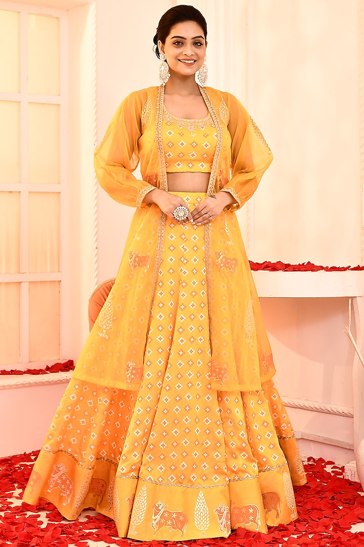 Yellow Silk Foil Printed Jacket Lehenga Set by Abbaran at Pernia's Pop Up Shop