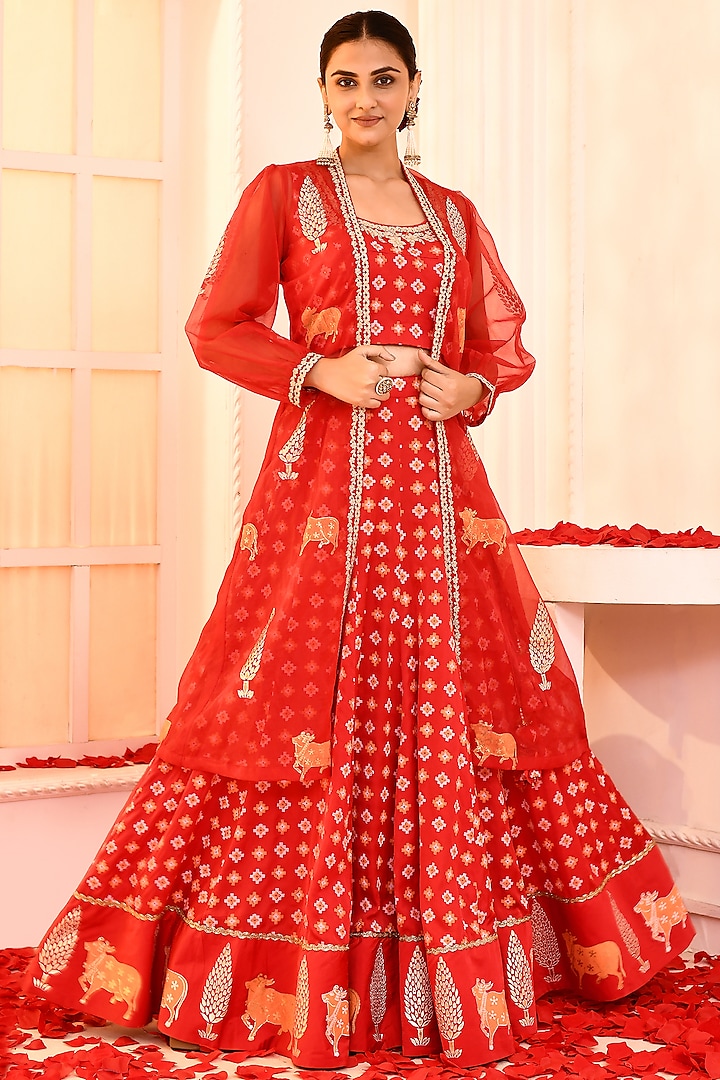 Red Silk Foil Printed Jacket Lehenga Set by Abbaran at Pernia's Pop Up Shop