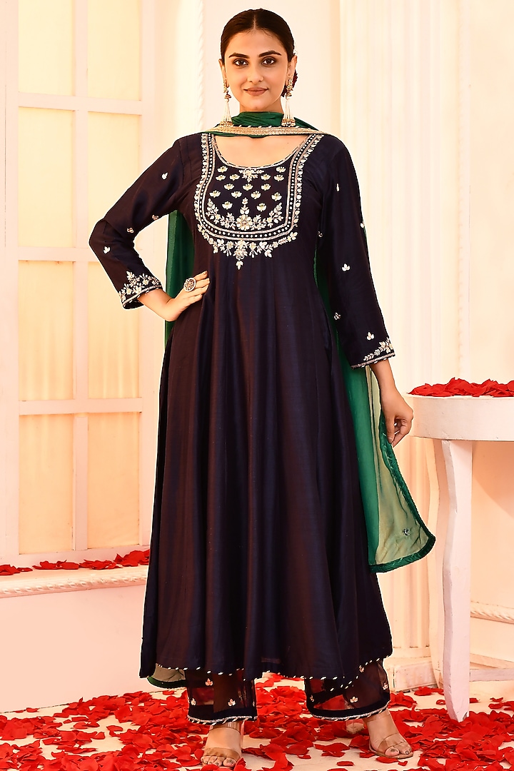 Navy Blue Cotton Silk Hand Embroidered Anarkali Set by Abbaran at Pernia's Pop Up Shop