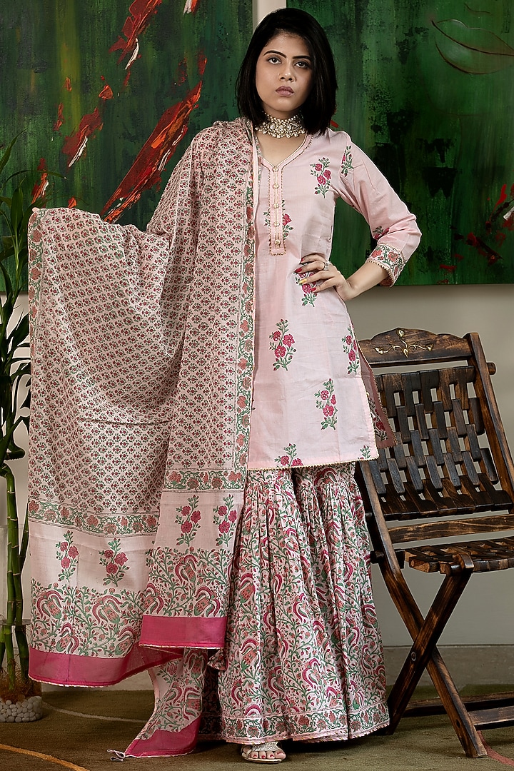 Pink Cambric Hand Block Printed Gharara Set by Abbaran at Pernia's Pop Up Shop