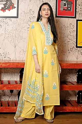 Yellow Hand Block Printed Straight Kurta Set by Abbaran
