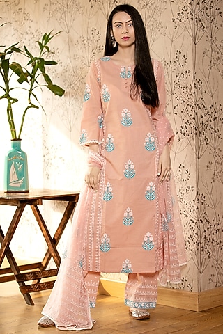 Old Rose Pink Hand Block Printed Straight Kurta Set by Abbaran