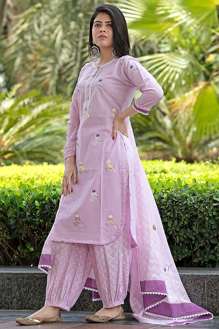 Lilac Hand Block Printed Kurta Set by Abbaran