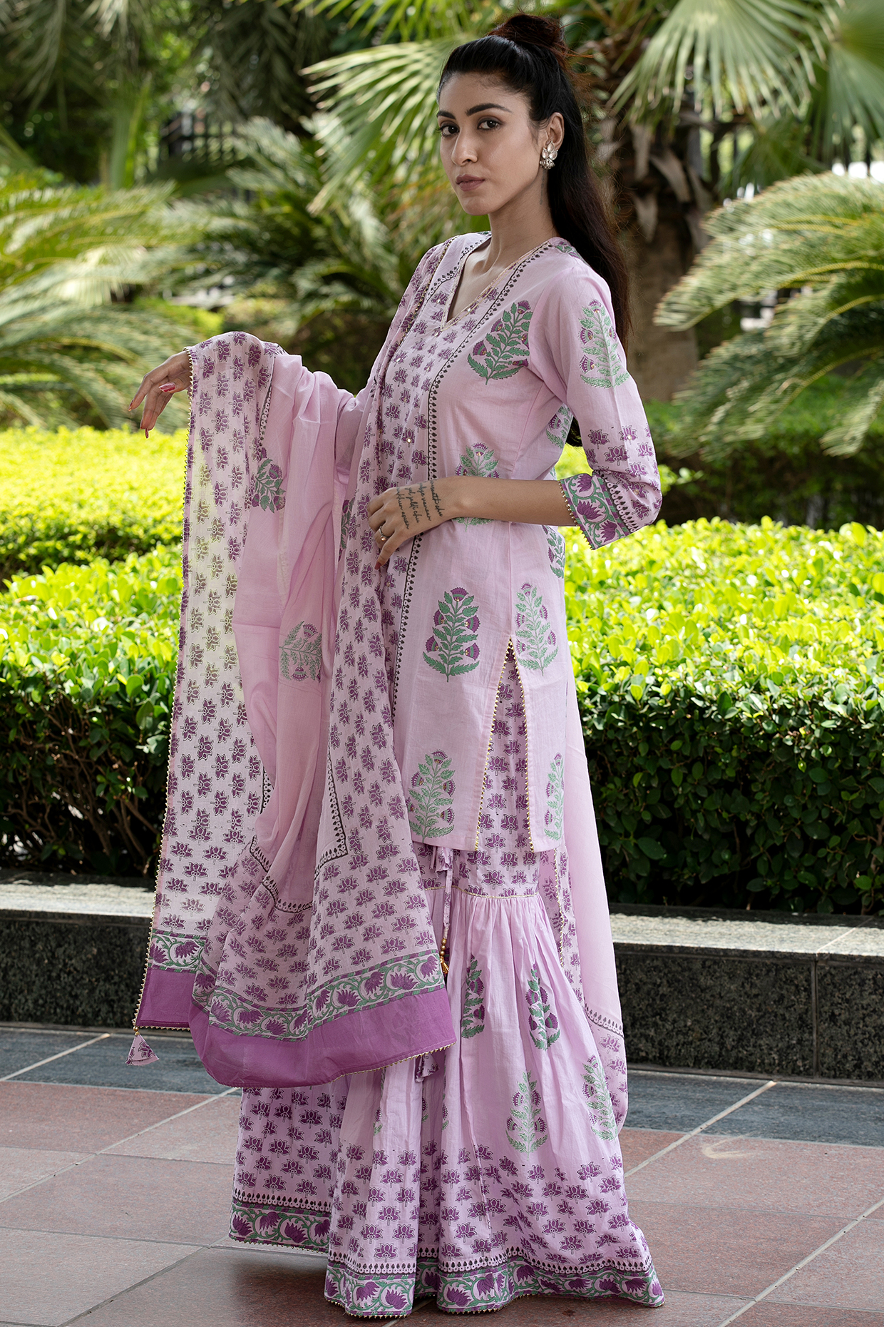 Lilac Cambric Hand Block Printed Gharara Set by Abbaran