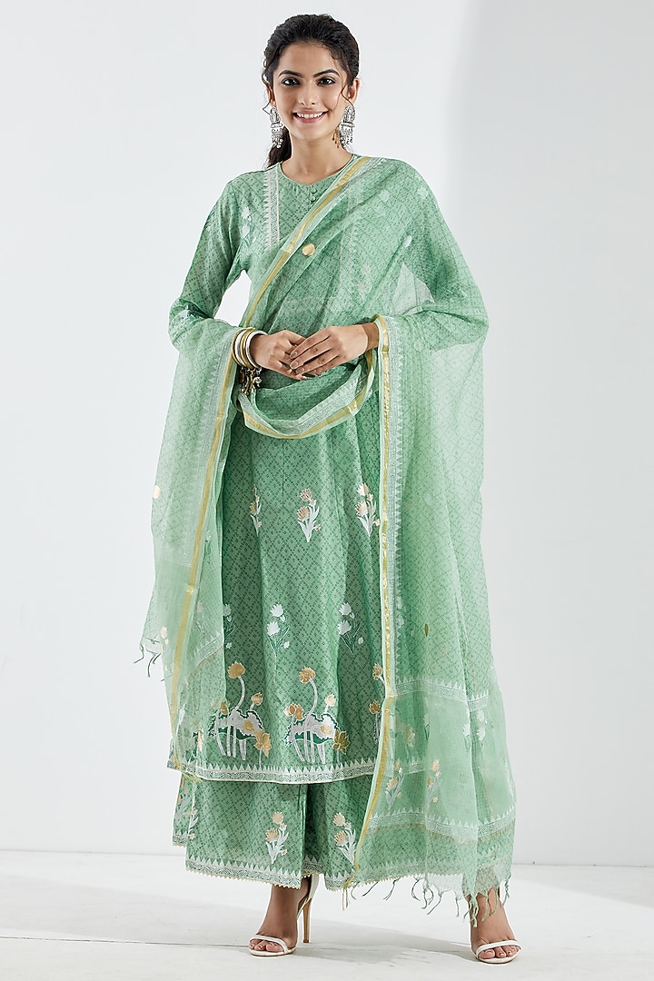 Pista Green Foil Printed Anarkali Set by Abbaran at Pernia's Pop Up Shop