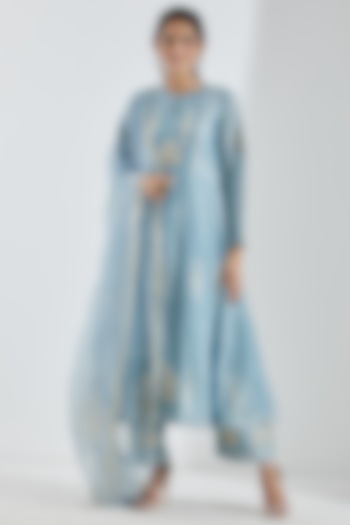 Powder Blue Foil Printed Anarkali Set by Abbaran at Pernia's Pop Up Shop