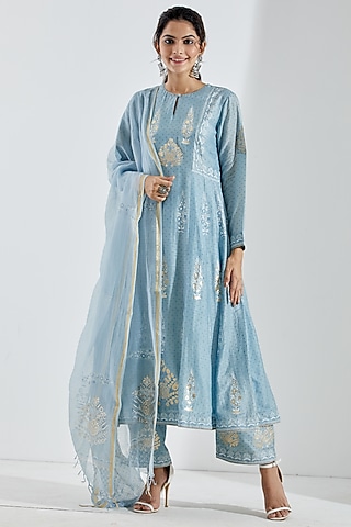 Powder Blue Foil Printed Anarkali Set by Abbaran