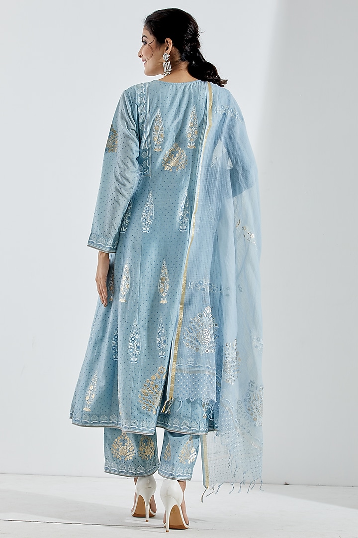 Powder Blue Foil Printed Anarkali Set by Abbaran at Pernia's Pop Up Shop