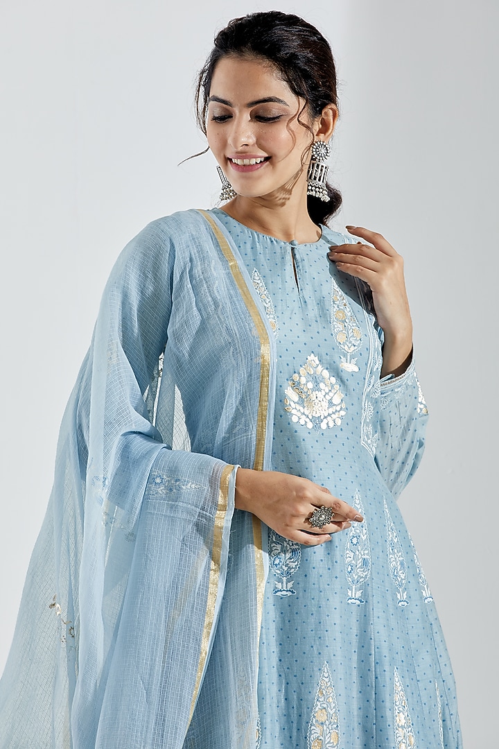 Powder Blue Foil Printed Anarkali Set by Abbaran at Pernia's Pop Up Shop