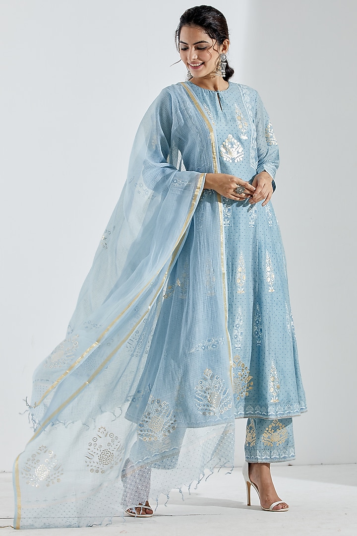 Powder Blue Foil Printed Anarkali Set by Abbaran at Pernia's Pop Up Shop