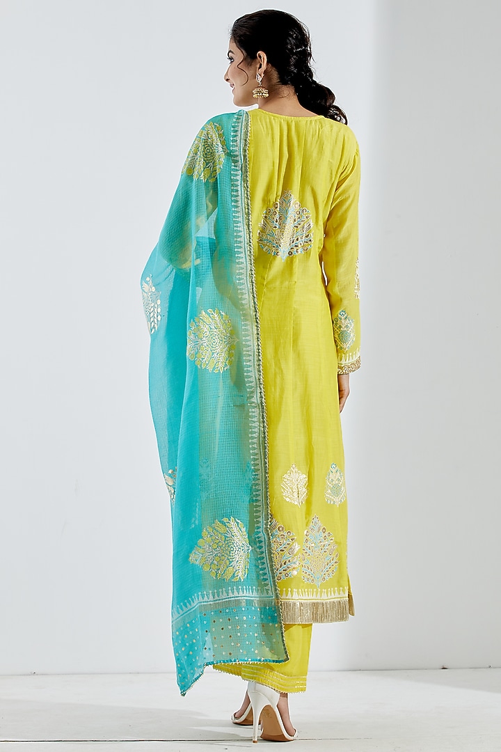 Lemon Yellow Foil Block Printed Anarkali Set by Abbaran at Pernia's Pop Up Shop