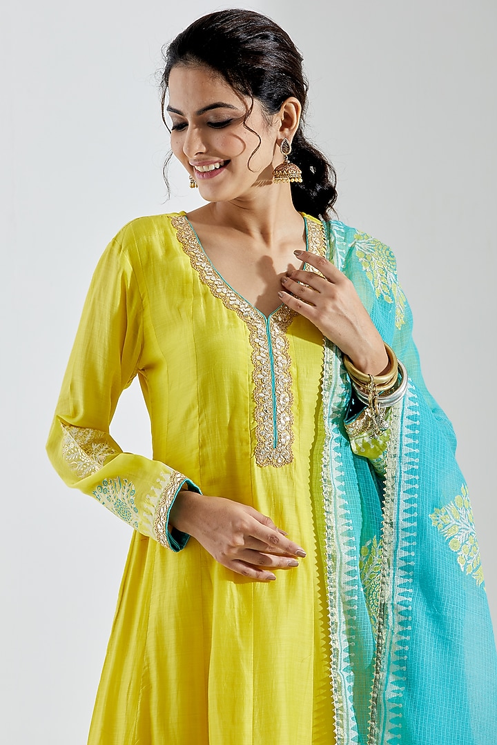 Lemon Yellow Foil Block Printed Anarkali Set by Abbaran at Pernia's Pop Up Shop