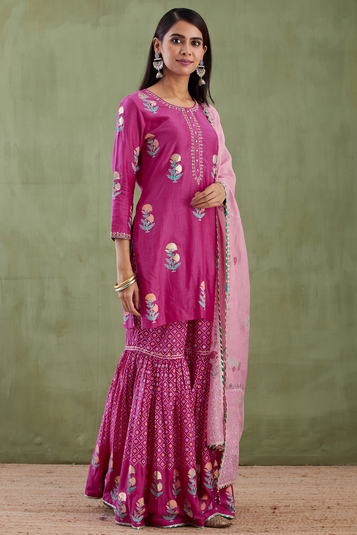Magenta Cotton Silk Hand Block Printed Gharara Set by Abbaran at Pernia's Pop Up Shop