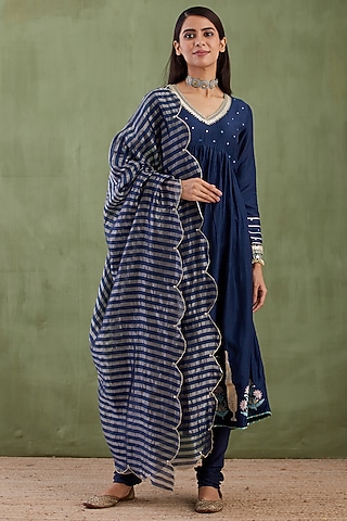 Blue Foil Block Printed Anarkali Set by Abbaran
