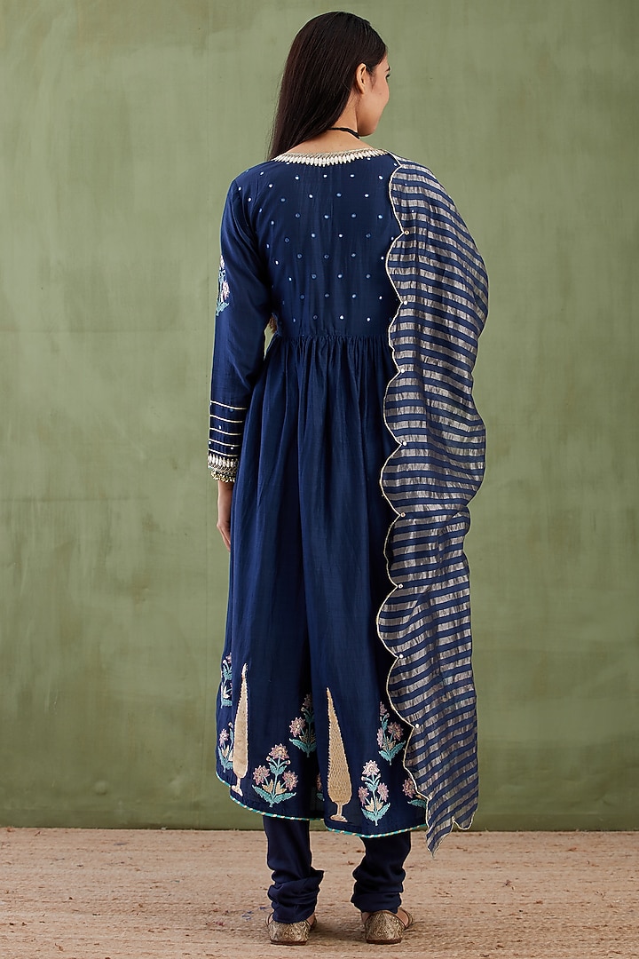 Blue Foil Block Printed Anarkali Set by Abbaran at Pernia's Pop Up Shop