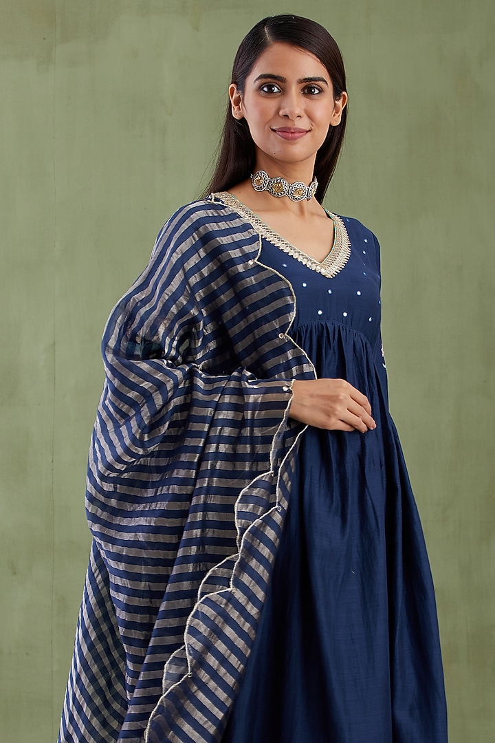 Blue Foil Block Printed Anarkali Set by Abbaran at Pernia's Pop Up Shop
