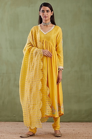 Yellow Foil Block Printed Anarkali Set by Abbaran