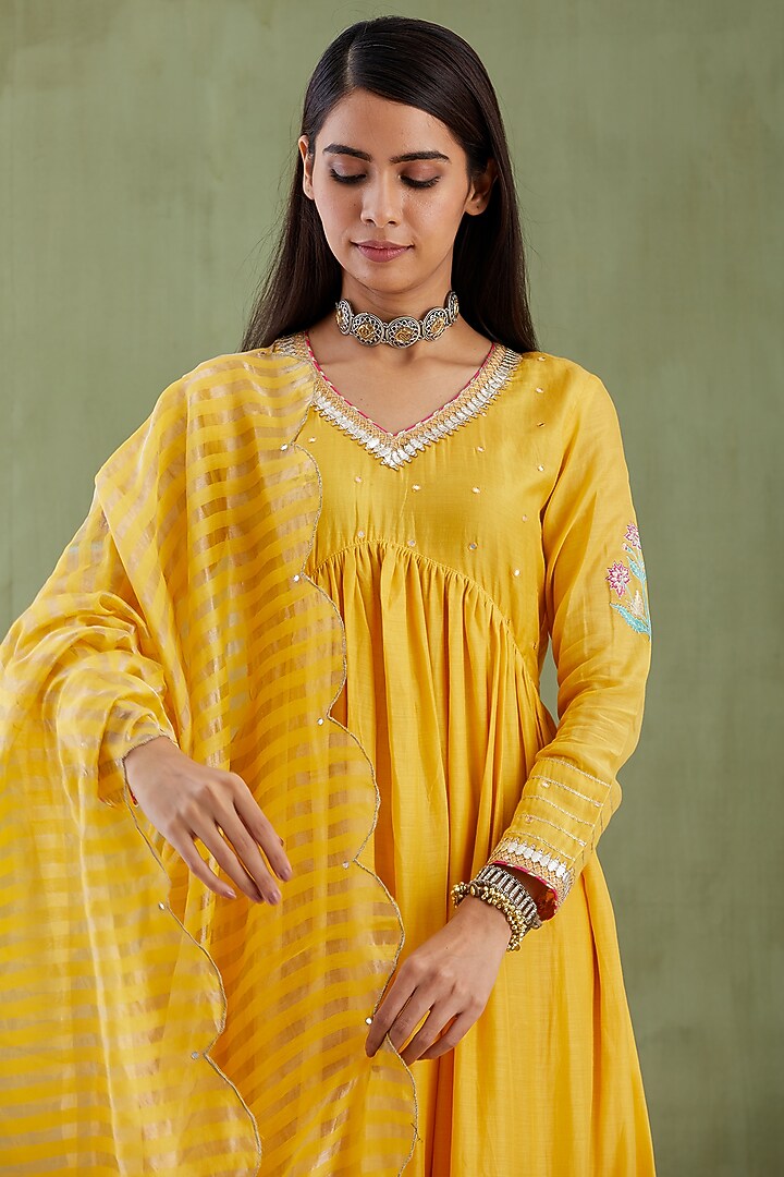 Yellow Foil Block Printed Anarkali Set by Abbaran at Pernia's Pop Up Shop