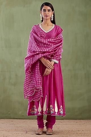 Magenta Foil Block Printed Anarkali Set by Abbaran