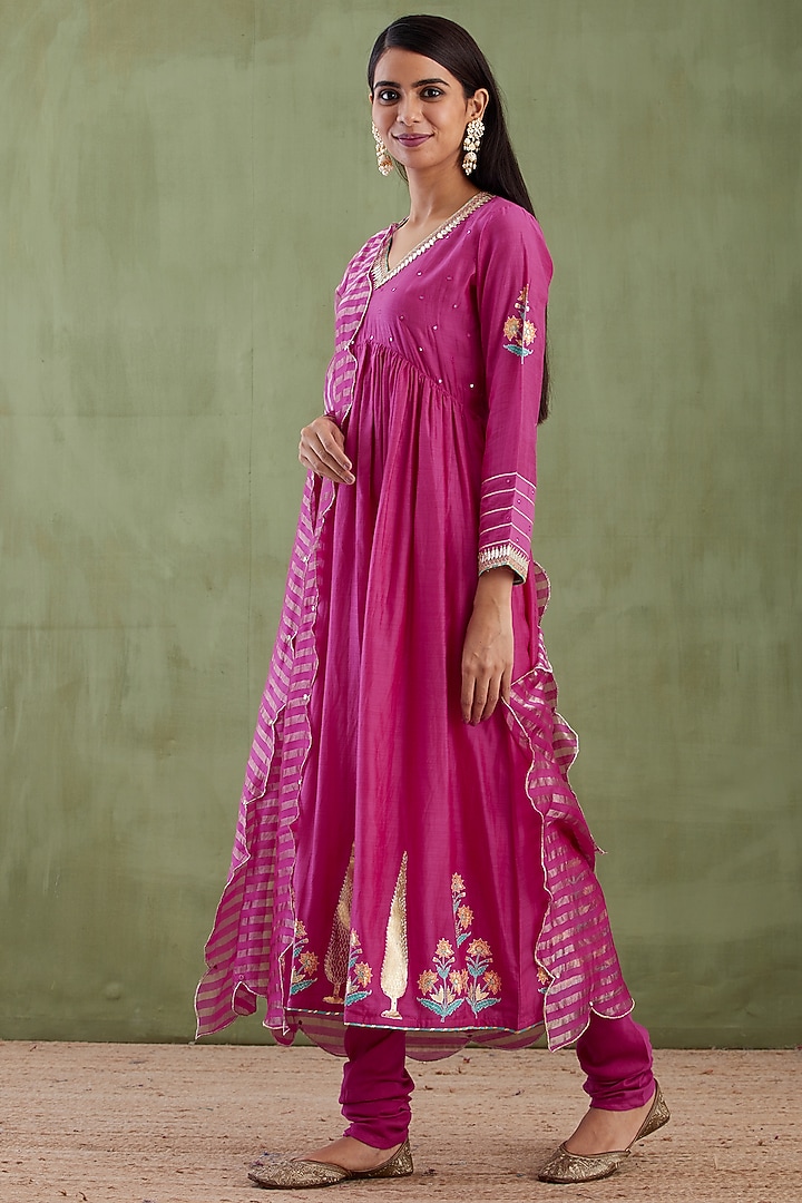 Magenta Foil Block Printed Anarkali Set by Abbaran at Pernia's Pop Up Shop