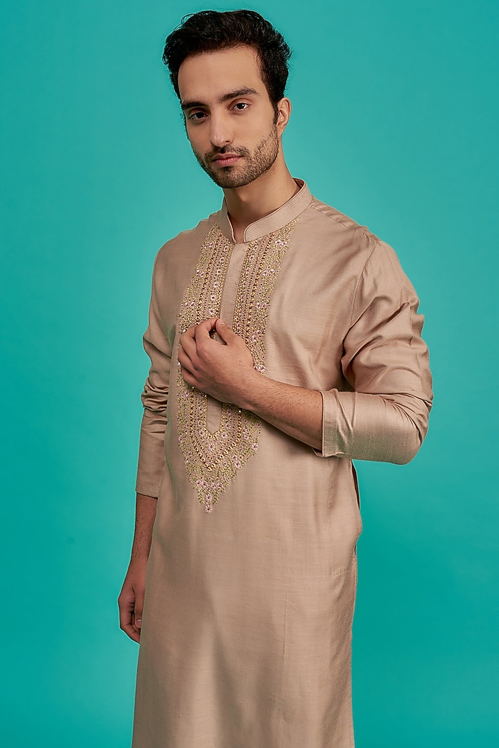 Brown Silk Hand Embroidered Kurta Set by AUGUST by Swati Akash Jhunjhunwala at Pernia's Pop Up Shop