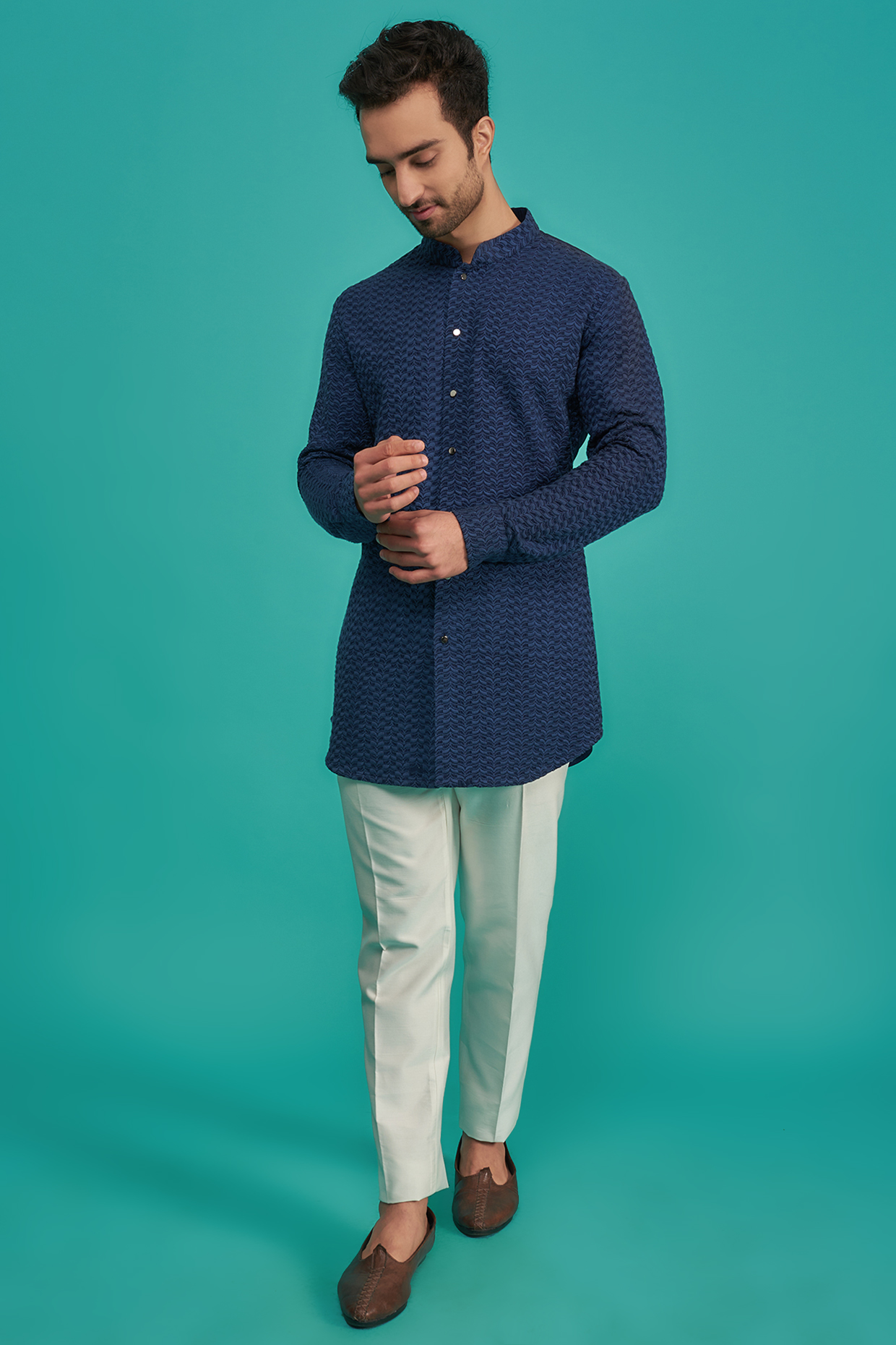 Navy Blue Viscose Embroidered Kurta Set by AUGUST by Swati Akash Jhunjhunwala