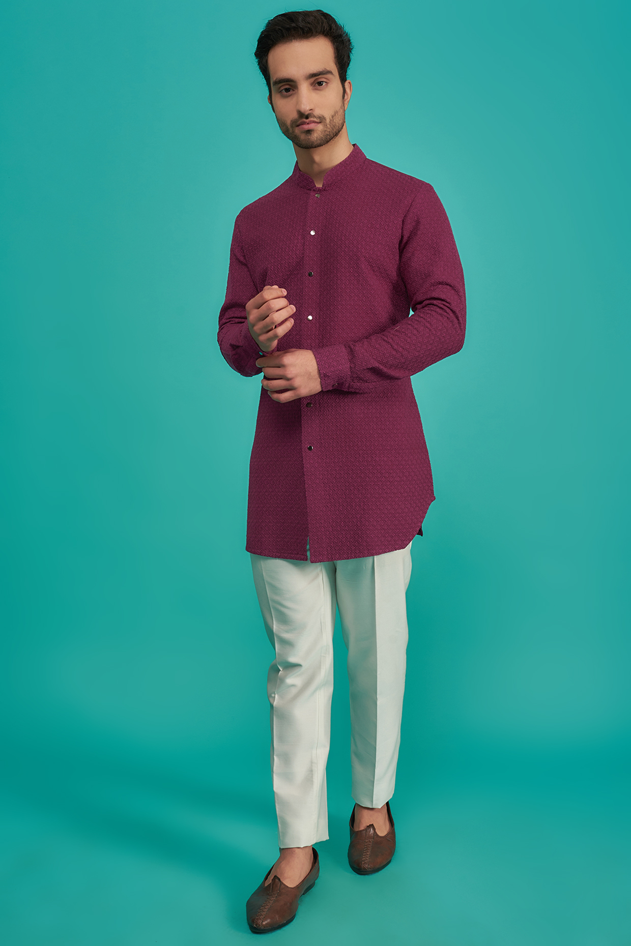 Wine Viscose Embroidered Kurta Set by AUGUST by Swati Akash Jhunjhunwala