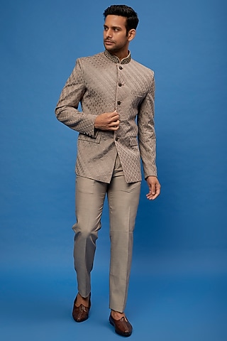 Steel Grey Silk Embroidered Bandhgala Set by AUGUST by Swati Akash Jhunjhunwala