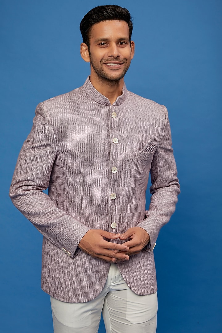 Lilac Silk Embroidered Bandhgala Set by AUGUST by Swati Akash Jhunjhunwala at Pernia's Pop Up Shop