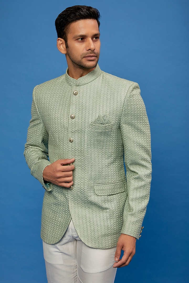 Sage Green Silk Bandhgala Set by AUGUST by Swati Akash Jhunjhunwala at Pernia's Pop Up Shop