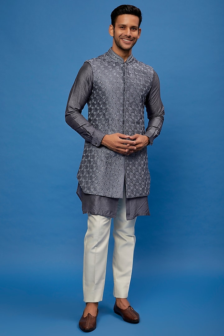 Grey Silk Embroidered Indo-Western Set by AUGUST by Swati Akash Jhunjhunwala